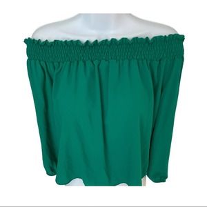 Emerald Green Off Shoulder Long Bubble Sleeve Solid Top - Junior Large